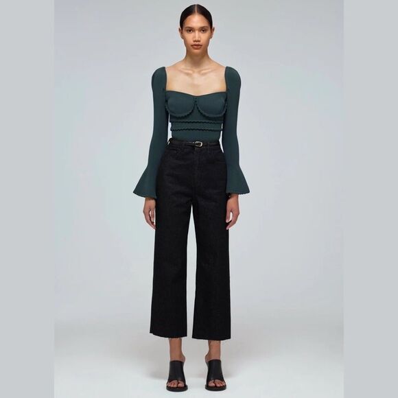 Self-Portrait Knit Scallop Edge Sweetheart Neck Bell Sleeve Top in Green | Small - Picture 1 of 9